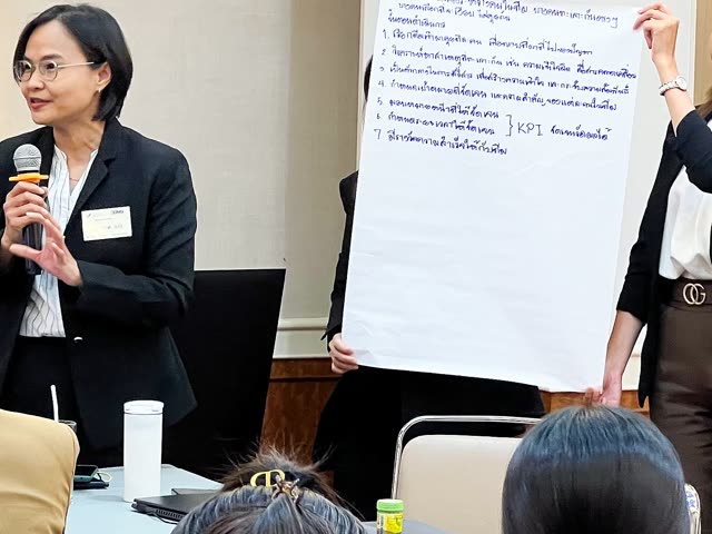 ผู้เข้าร่วมถือไมค์นำเสนองานกลุ่มข้างกระดาษ flipchart